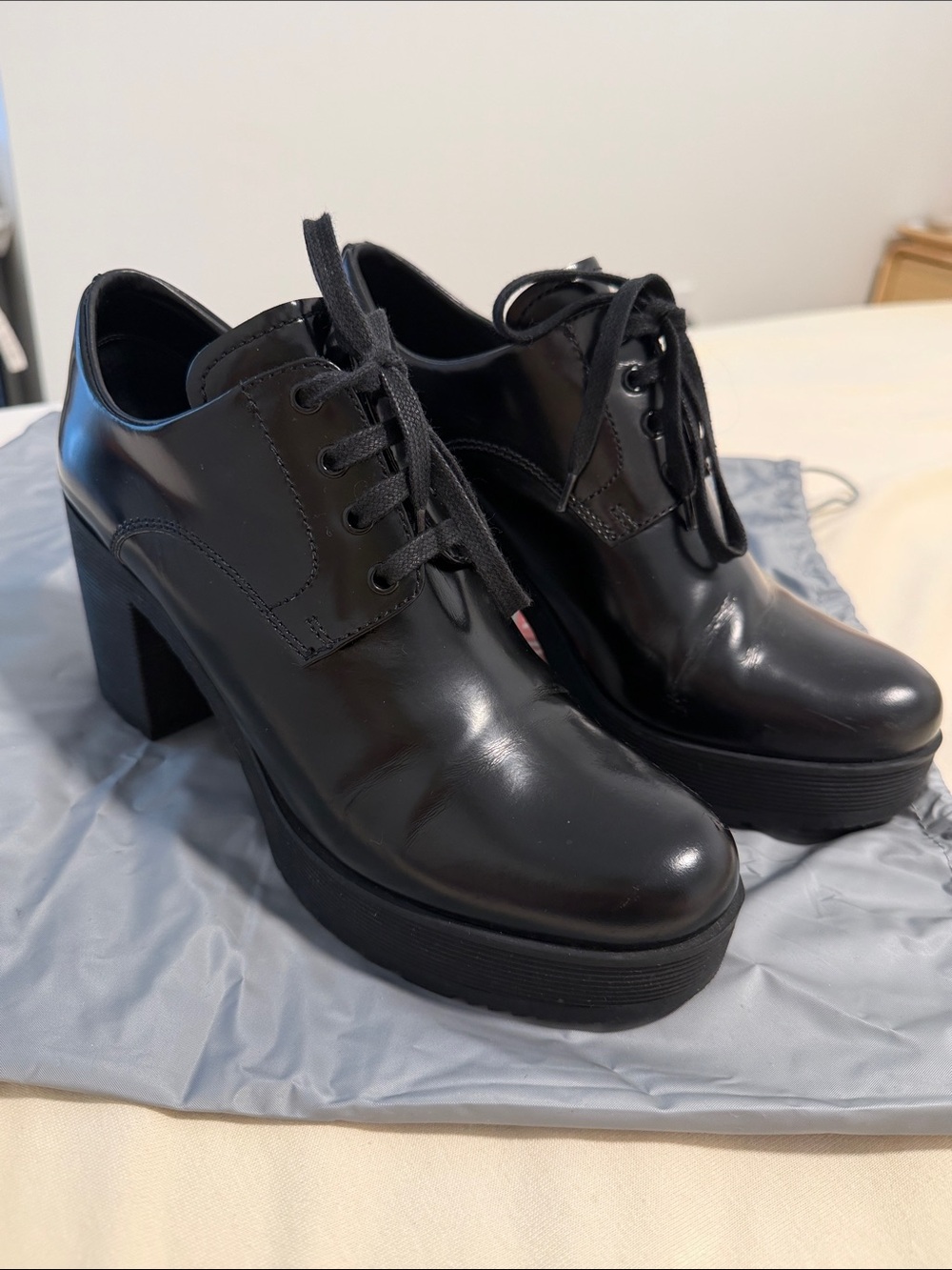 Prada Black Leather Lace-Up Platform Heel Oxfords - Picture 5 of 7